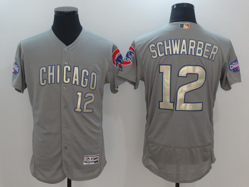 Men Chicago Cubs 12 Schwarber Grey Champion gold character Elite 2021 MLB Jerseys